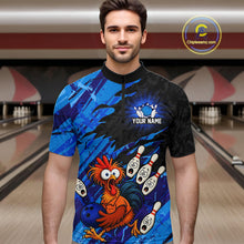 Load image into Gallery viewer, Front view male model wearing custom chicken bowling jersey standing at bowling alley