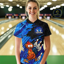 Load image into Gallery viewer, Front view female model wearing custom chicken bowling jersey standing at bowling alley