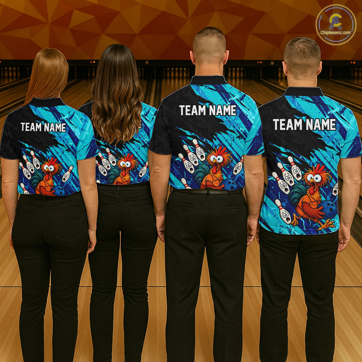 Group of four wearing custom cyan chicken bowling shirts back view displaying personalized team names above colorful bowling mascot artwork on a cyan abstract brush stroke background at the bowling alley