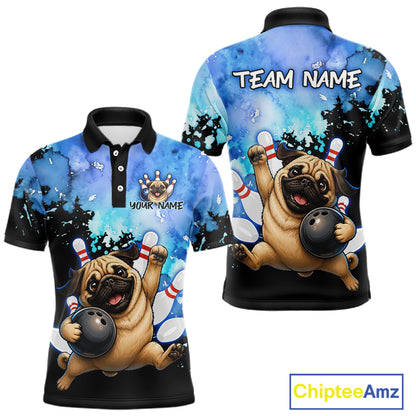 Front and back views of a short-sleeve polo shirt featuring a cartoon pug bowling graphic on a blue watercolor-style background, with customizable text areas on the chest and back