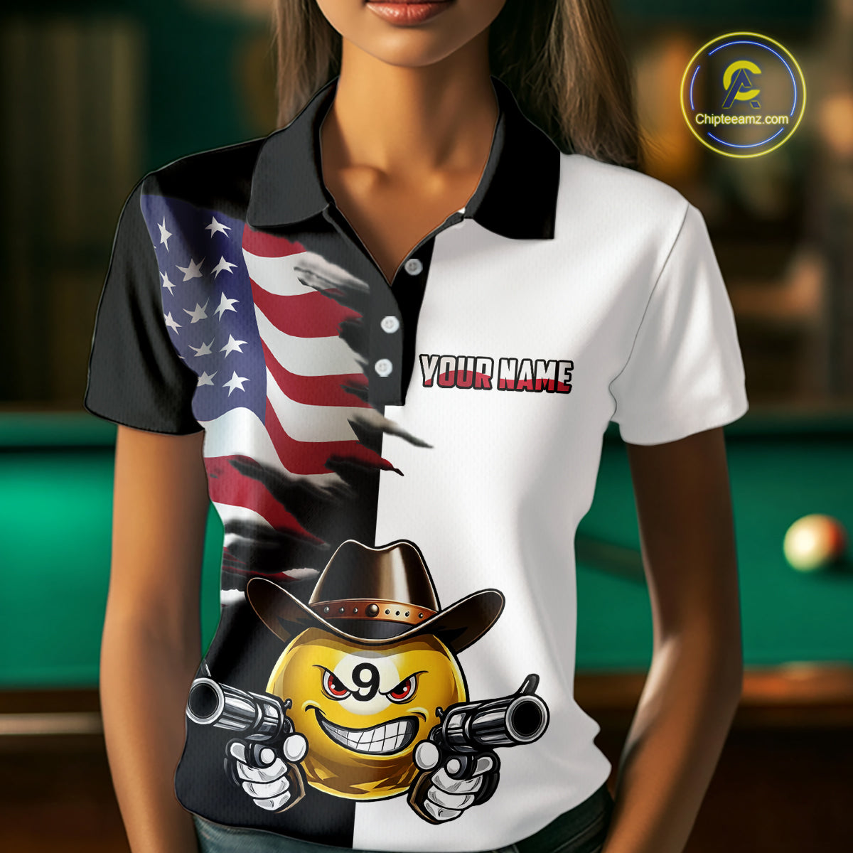 Custom American Flag Funny 8 Ball Pool Billiard Shirts for Women Billiard League Jersey Polo & 1/4 Zip BHT1