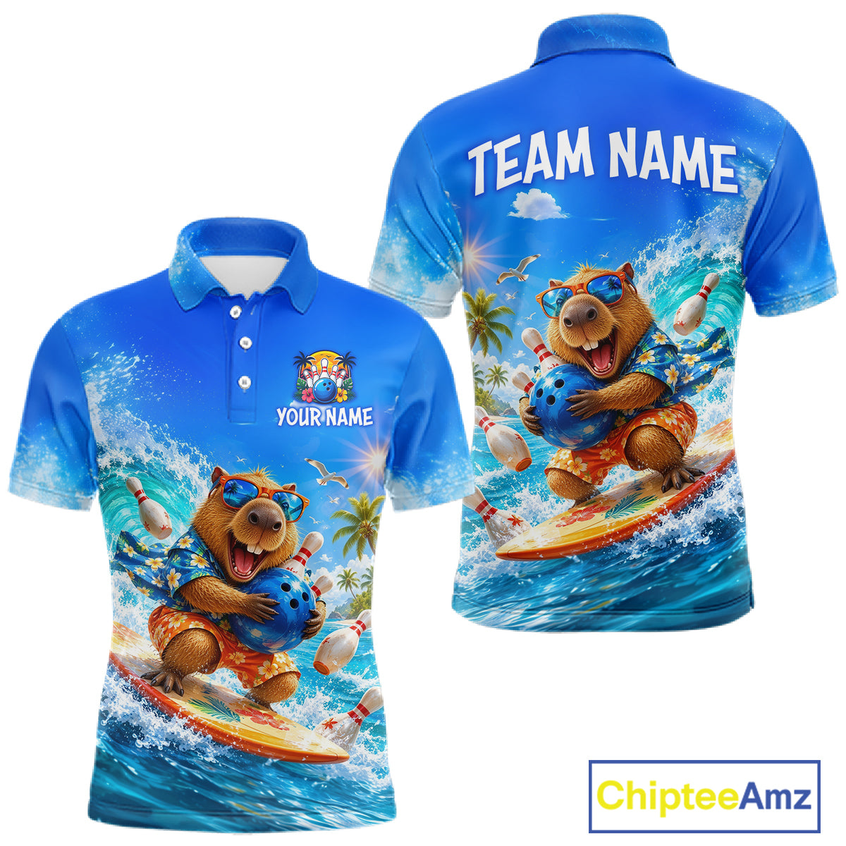 Custom Funny Capypara Surfing Bowling Team Shirt for Men Bowling Jersey League Polo & Quarter-Zip QZT1079