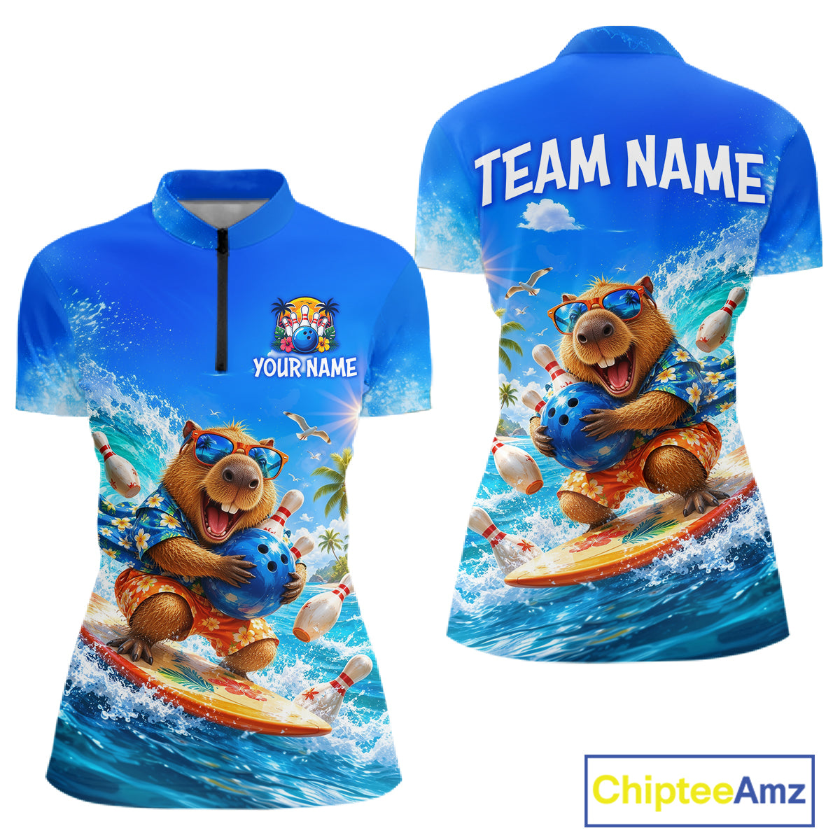 Blue sports jersey with a bear character on a surfboard, customizable text areas, and Chiptee Amz branding.