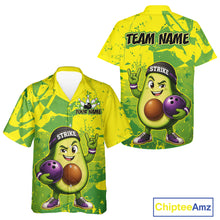 Load image into Gallery viewer, Avocado-themed bowling shirt with cartoon character and customizable text on a white background