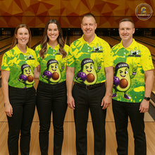 Load image into Gallery viewer, Four people wearing matching green and yellow bowling shirts with avocado and bowling ball graphics on a bowling alley background.