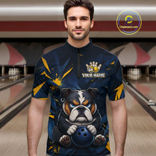 Load image into Gallery viewer, Male model wearing a custom blue bulldog bowling quarter-zip shirt front view featuring a fierce cartoon bulldog, bowling ball, gold lightning accents and navy blue abstract pattern at the bowling alley