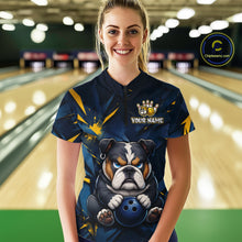 Load image into Gallery viewer, Female model wearing a custom blue bulldog bowling quarter-zip shirt front view featuring a fierce cartoon bulldog, bowling ball, gold lightning accents and navy blue abstract pattern at the bowling alley