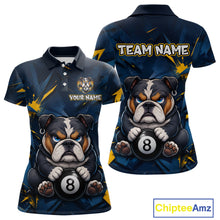 Load image into Gallery viewer, Front and back views of a blue and yellow short-sleeve polo shirt featuring a printed splash design with a bulldog holding a pool ball, plus customizable text areas on the chest and back.
