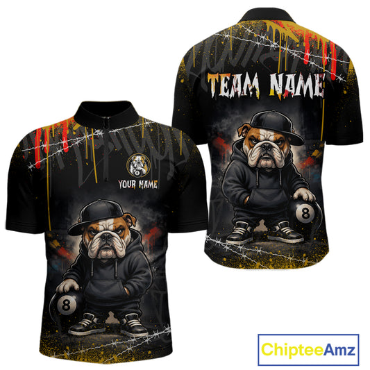 Street Style short-sleeve quarter-zip jersey shown from front and back with a hip hop bulldog print holding an 8-ball, and customizable text areas including 'TEAM NAME' and 'YOUR NAME'.