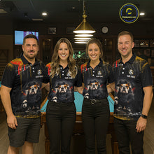 Load image into Gallery viewer, A team of four pool players stand in front of a blue felt pool table in a billiards room. All four are wearing the front view of the custom blue and yellow billiards polo shirt with a funny hip hop bulldog and 8-ball motif, and 'YOUR NAME' text placeholder. 