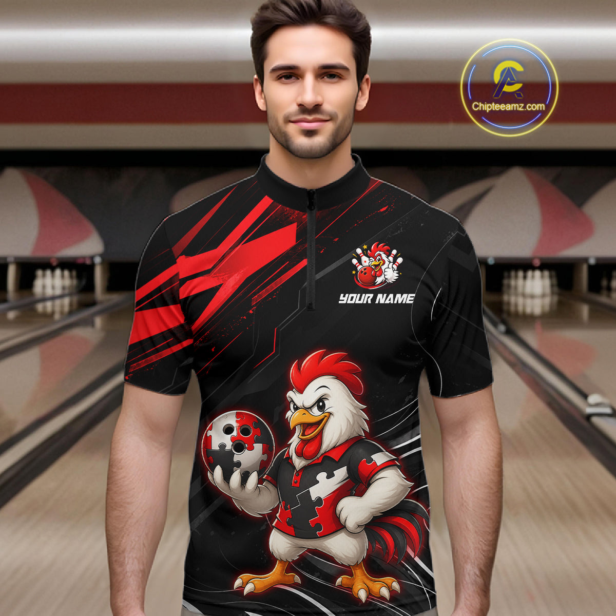 Custom Red Funny Autism Chicken Bowling Shirt for Men Bowling League Jersey Polo & Quarter-Zip QZT1018