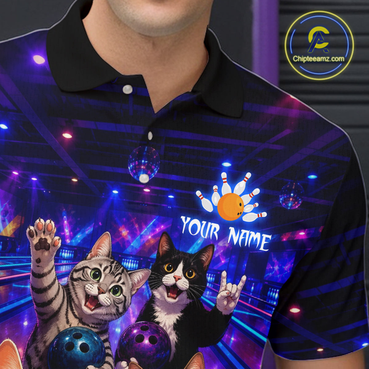 Person wearing a polo shirt with two cats holding bowling balls and an orange bowling ball, with 'Your Name' text, in a bowling alley setting.