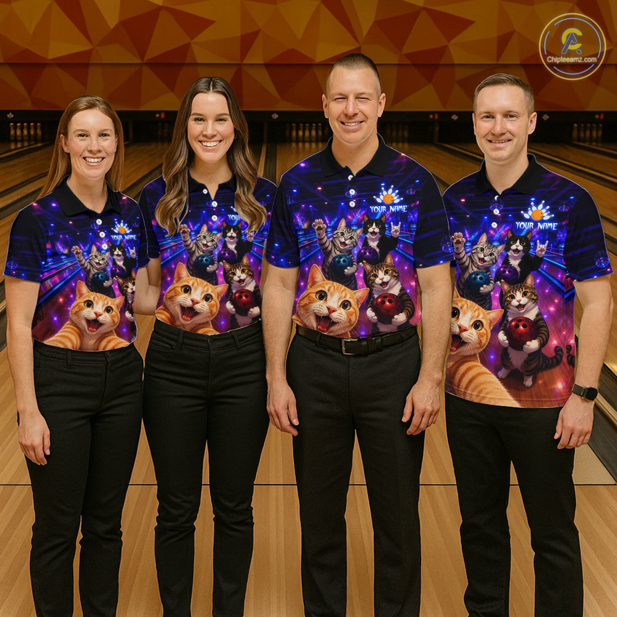 Four people wearing matching bowling shirts with cat designs on a bowling alley.