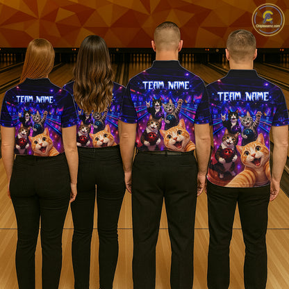 Four people wearing bowling shirts with cat designs and 'Team Name' text on a bowling alley.