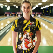 Load image into Gallery viewer, Female model wearing a custom black yellow bulldog bowling polo shirt front view featuring a playful cartoon bulldog, bowling ball, bowling pins and yellow black paint stroke pattern at the bowling all