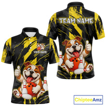 Load image into Gallery viewer, Front and back view custom black yellow bulldog bowling polo shirt featuring a playful cartoon bulldog with bowling ball, bowling pins and yellow black paint stroke pattern, personalized with team name and player name