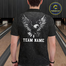 Load image into Gallery viewer, Male model wearing a custom black patriotic bowling polo shirt back view displaying the personalized team name below a spread-wing bald eagle graphic at the bowling alley