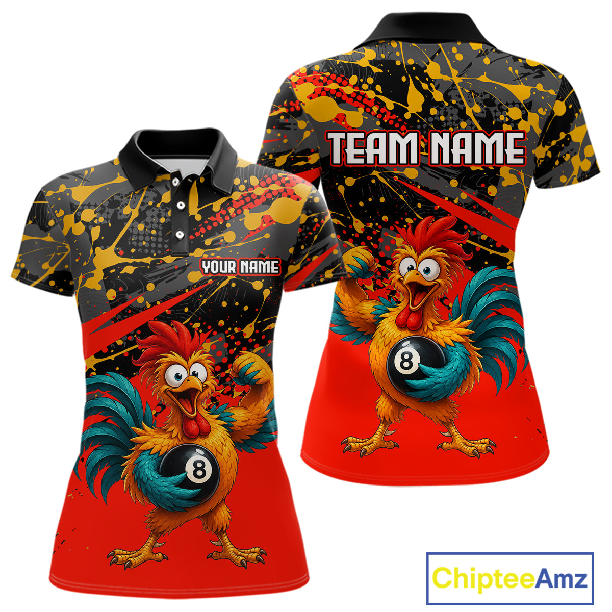 Custom Red Funny Chicken Billiard Shirt, 8 Ball Pool Team Jersey for Women, Polo & 1/4 Zip BHT106