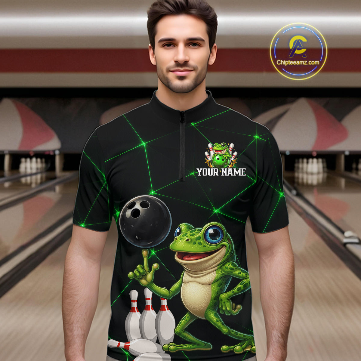 Green Funny Frog Bowling Shirt for Men Custom Bowling Jersey Polo & 1/4 Zip QZT1024