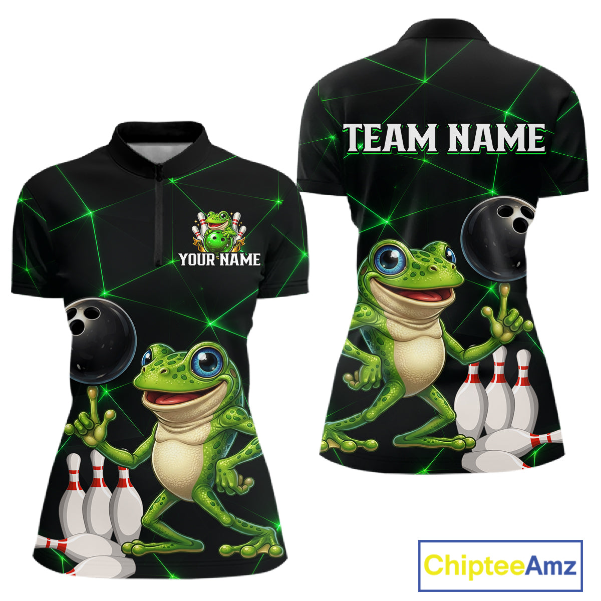Green Funny Frog Bowling Shirt for Women Custom Bowling Jersey Polo & 1/4 Zip QZT1024