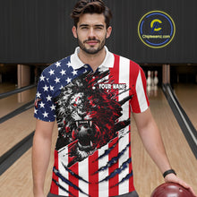 Load image into Gallery viewer, Man wearing a polo shirt with a lion design and American flag pattern in a bowling alley.