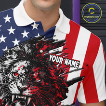 Load image into Gallery viewer, Person wearing a shirt with a graphic design of a lion and 'Your Name' text, with an American flag pattern.