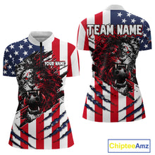 Load image into Gallery viewer, American flag-themed shirt with a lion design on a white background, featuring 'Chiptee Amz' branding.