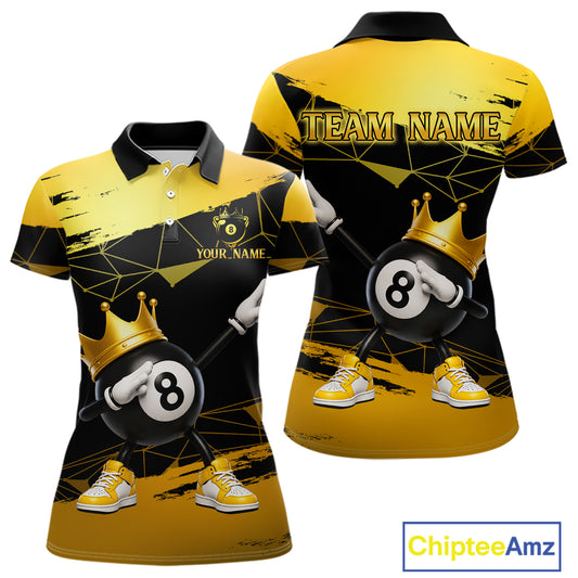 Front and back view custom black and gold geometric crown 8 ball billiard polo shirt featuring personalized team name design