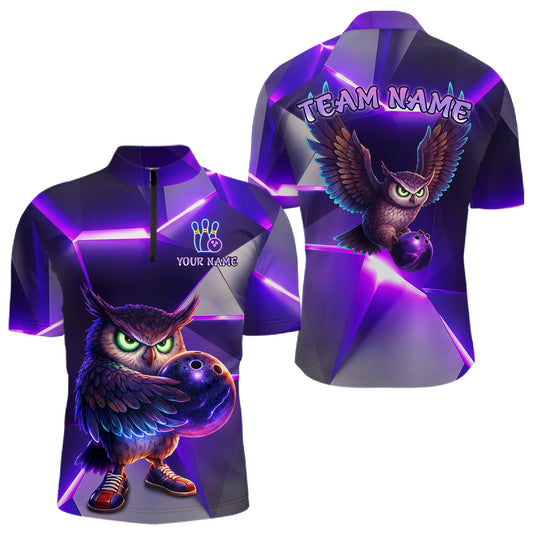 Personalized Purple Neon Owl Bowling Shirt for Men Bowling Jersey Gift for Bowler Polo & 1/4-Zip QZT904