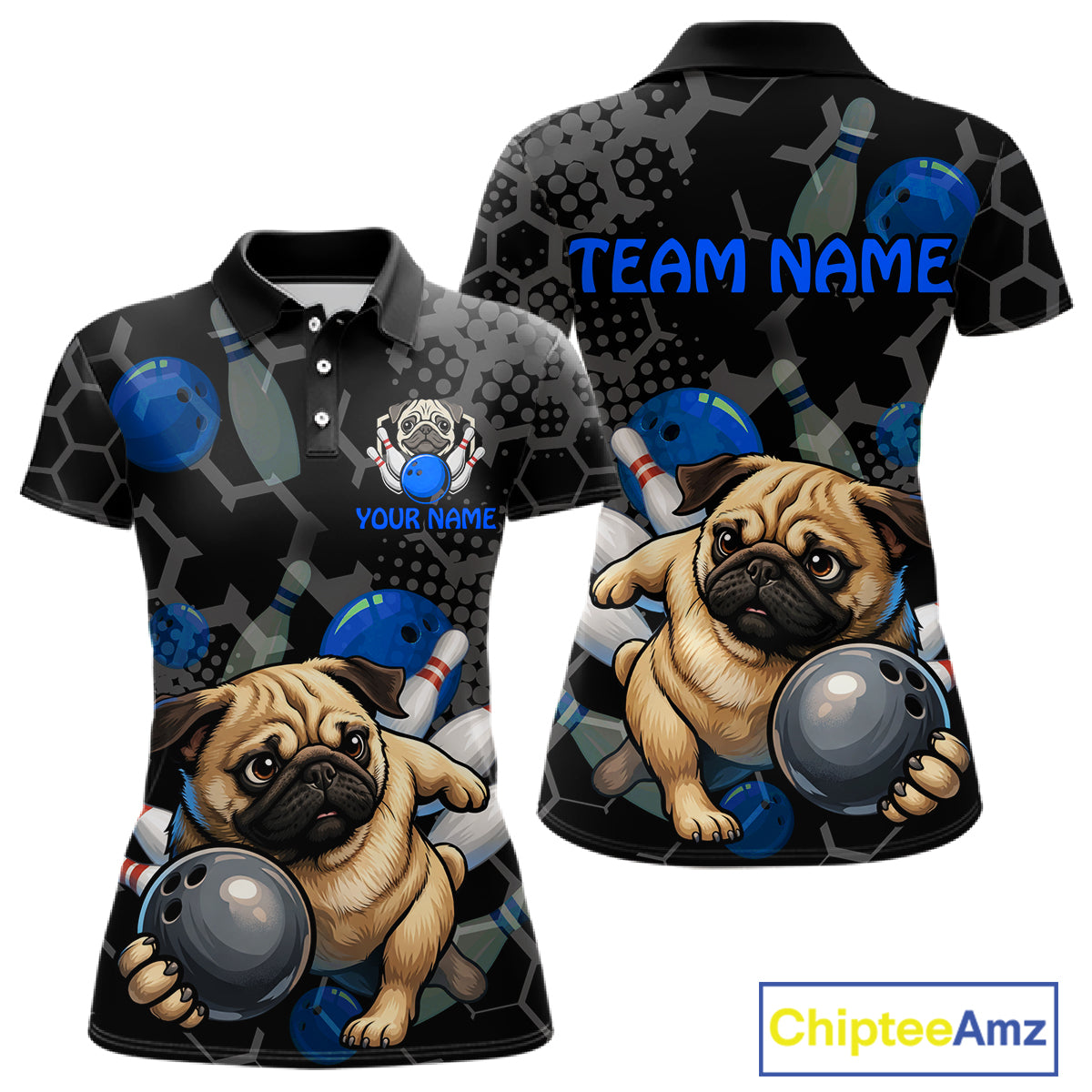 Two polo shirts with pug dogs and bowling elements, one with 'TEAM NAME' and 'Your Name' text space, Chiptee Amz logo visible.