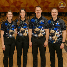 Load image into Gallery viewer, Four people wearing matching bowling shirts with pug designs on a bowling alley.