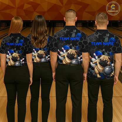 Four people wearing black shirts with pug graphics and 'Team Name' text on a bowling alley background.