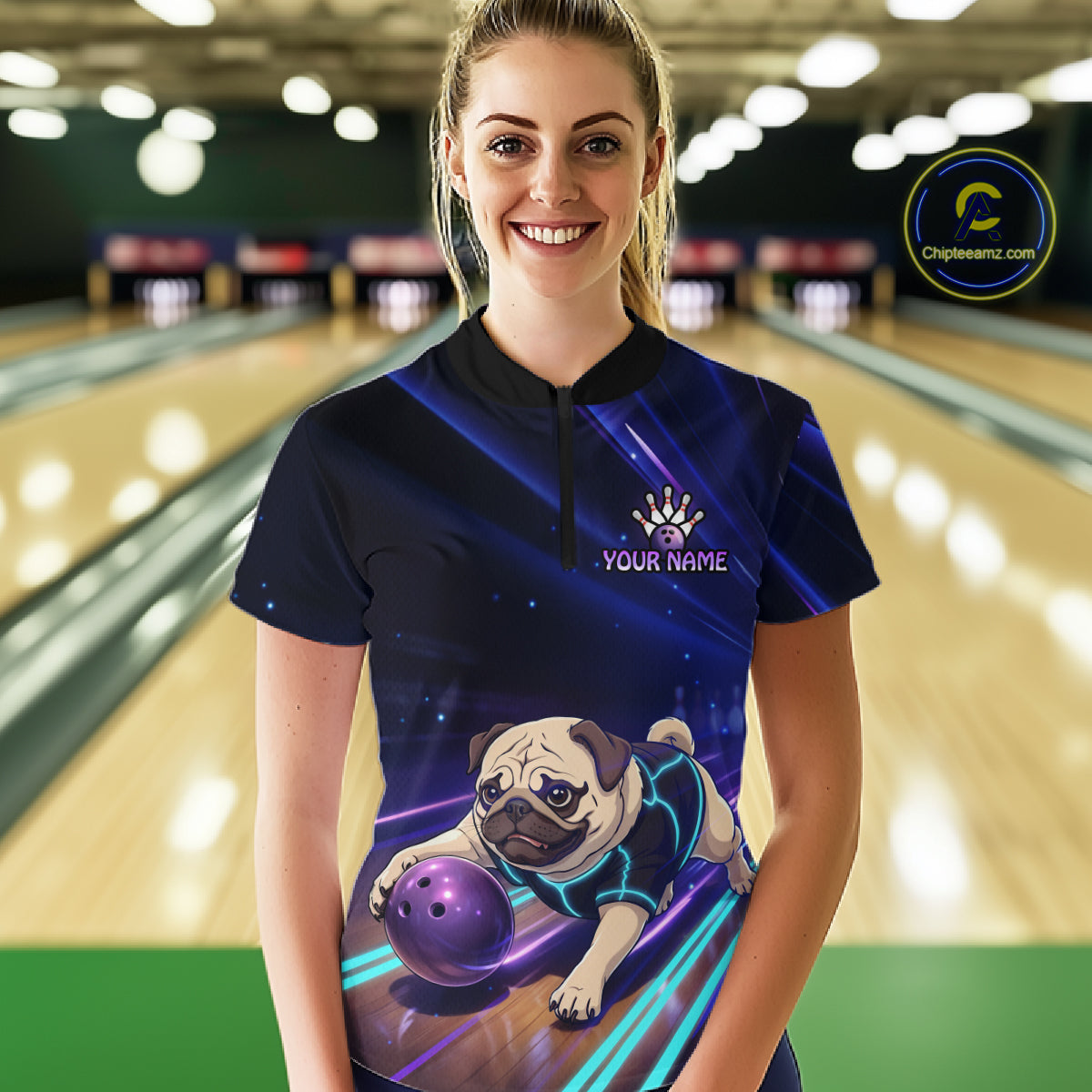 Funny Pug Dog Bowling Team Shirt for Women Custom Bowling Jersey Polo & 1/4-Zip Bowling Unisex QZT908
