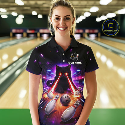Custom Alien Cat Bowling Team Shirt for Women UFO Bowling League Jersey Polo & Quarter-Zip Bowling Outfit QZT989