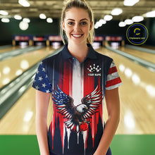 Load image into Gallery viewer, Woman wearing a personalized bowling shirt with an eagle design in a bowling alley.