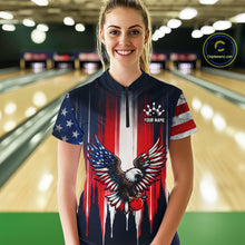 Load image into Gallery viewer, Person wearing a bowling shirt with an eagle and American flag design in a bowling alley.