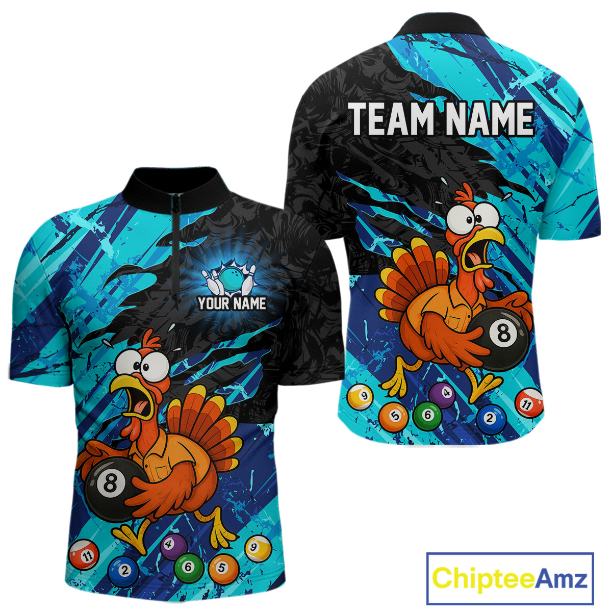 Front and back views of a short-sleeve quarter-zip jersey with a colorful cartoon turkey and billiards design. The front has a black collar and a partial zipper, with customizable text placeholders 'YOUR NAME' and 'TEAM NAME' on the back