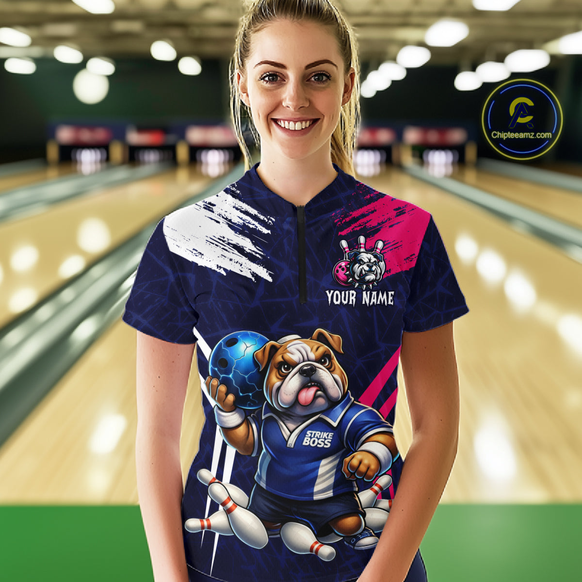 Personalized Funny Bulldog Bowling League Shirt Polo & 1/4 Zip Navy Bowling Jersey for Women QZT910