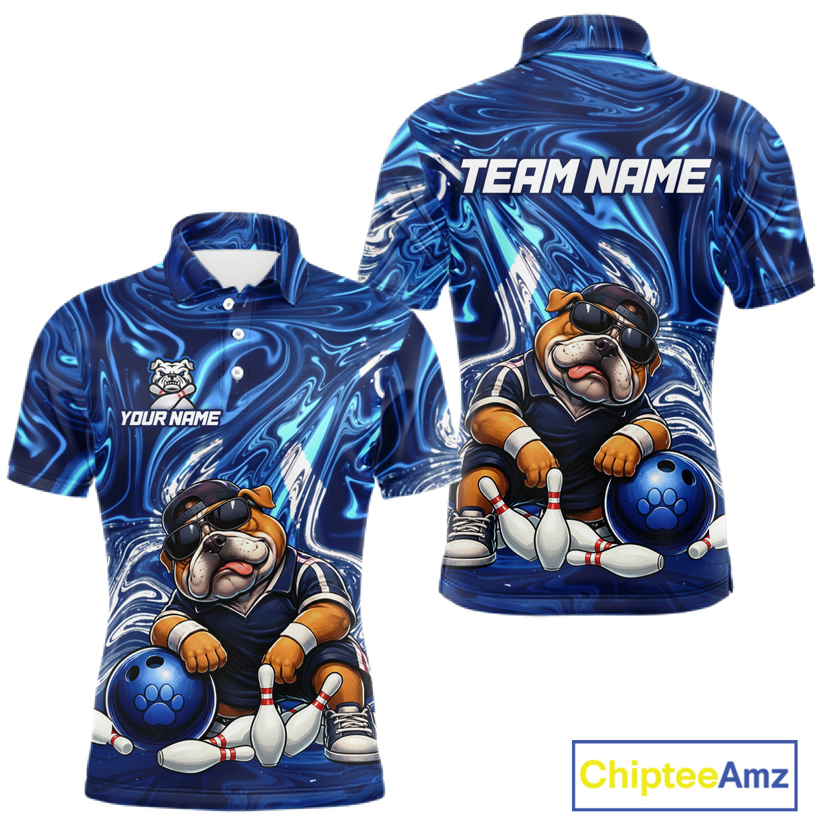 Custom Blue Funny Bulldog Bowling Team Shirt Bowling Jersey Polo & 1/4 Zip Bowling Unisex for Men QZT912