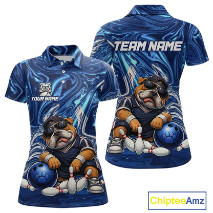 Custom Blue Funny Bulldog Bowling Team Shirt Bowling Jersey Polo & 1/4 Zip Bowling Unisex for Women QZT912
