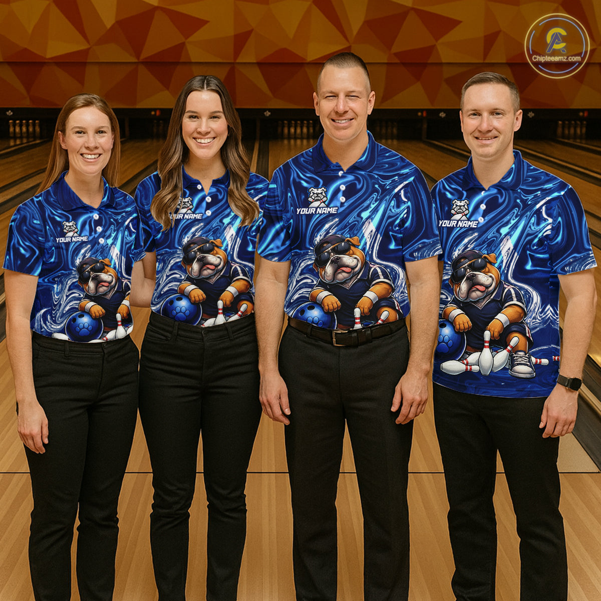 Custom Blue Funny Bulldog Bowling Team Shirt Bowling Jersey Polo & 1/4 Zip Bowling Unisex for Men QZT912