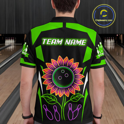 Green Neon Lightning Sunflower Bowling Shirt for Men Custom Team Bowling Polo Bowling Jersey QZT771