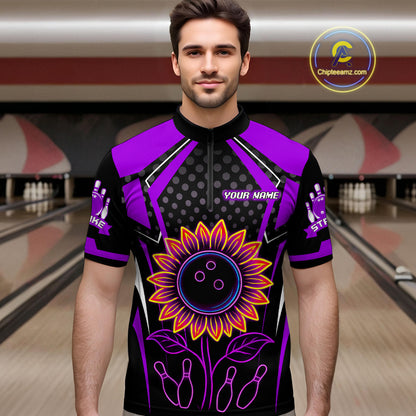 Purple Neon Lightning Sunflower Bowling Shirt for Men Custom Team Bowling Polo Bowling Jersey QZT771