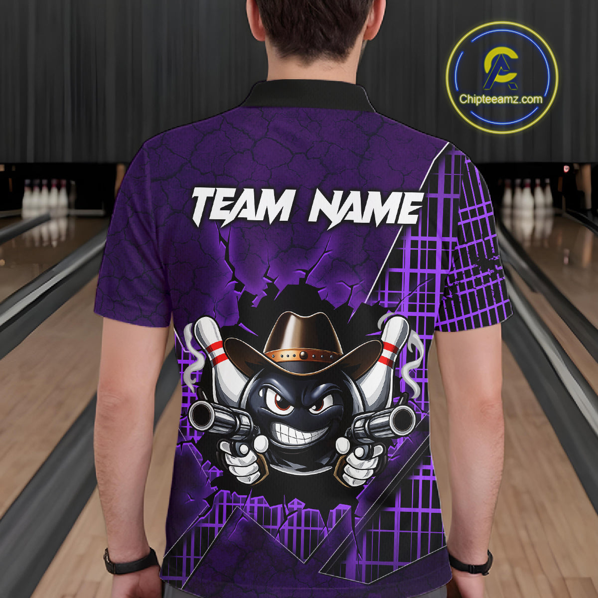 Custom Purple Funny Cowboy Gun Bowling Shirt for Men Bowling Team Jersey Bowling Polo & Quarter-Zip QZT915