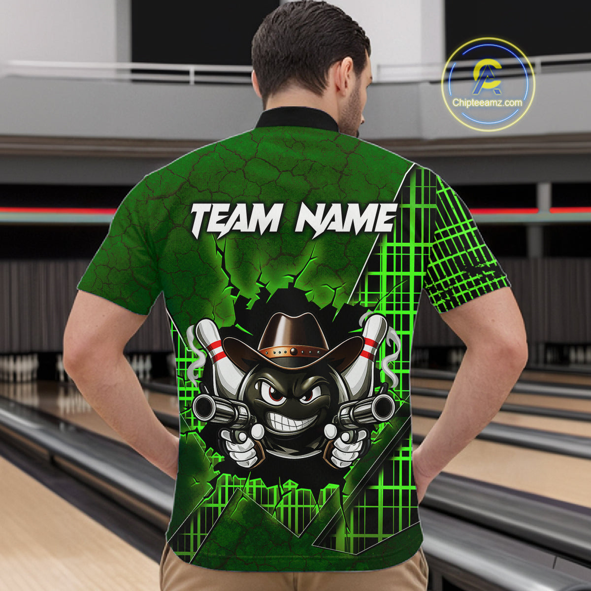 Custom Green Funny Cowboy Gun Bowling Shirt for Men Bowling Team Jersey Bowling Polo & Quarter-Zip QZT915