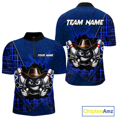 Custom Blue Funny Cowboy Gun Bowling Shirt for Men Bowling Team Jersey Bowling Polo & Quarter-Zip QZT915