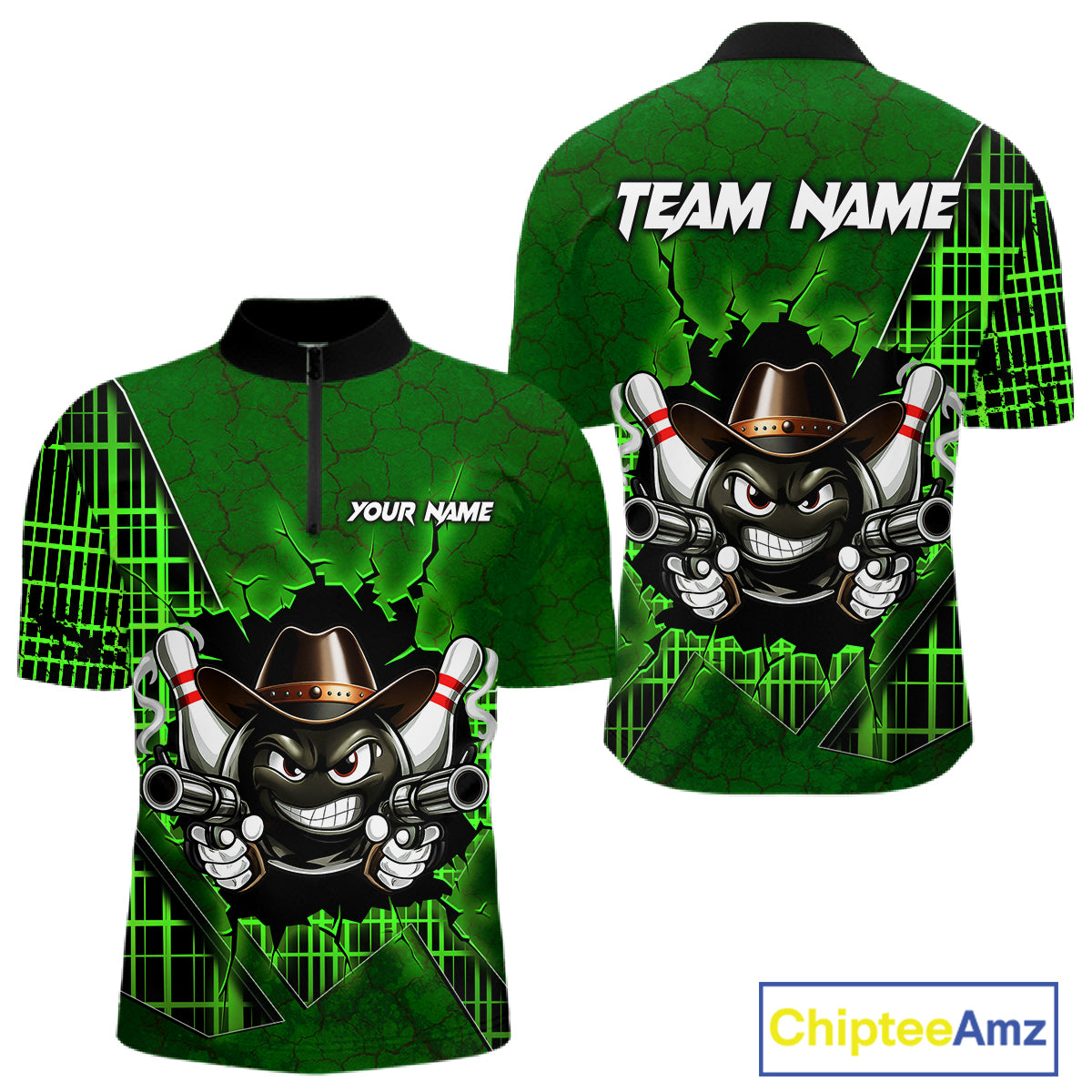 Custom Green Funny Cowboy Gun Bowling Shirt for Men Bowling Team Jersey Bowling Polo & Quarter-Zip QZT915