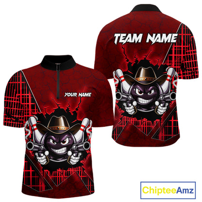 Custom Red Funny Cowboy Gun Bowling Shirt for Men Bowling Team Jersey Bowling Polo & Quarter-Zip QZT915
