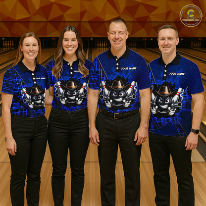 Custom Blue Funny Cowboy Gun Bowling Shirt for Men Bowling Team Jersey Bowling Polo & Quarter-Zip QZT915
