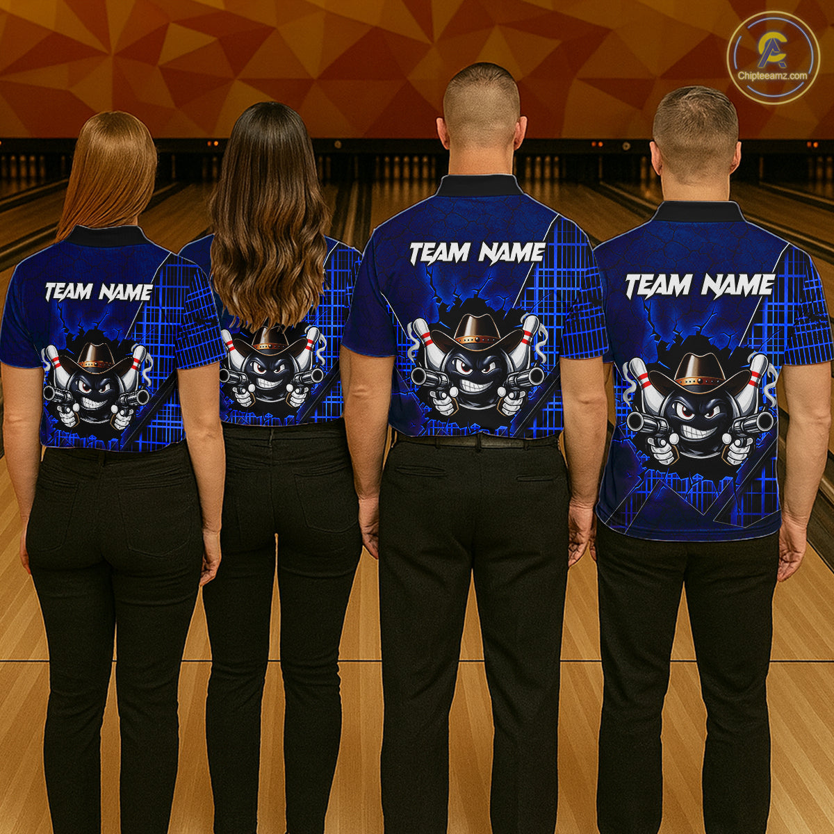 Custom Blue Funny Cowboy Gun Bowling Shirt for Men Bowling Team Jersey Bowling Polo & Quarter-Zip QZT915